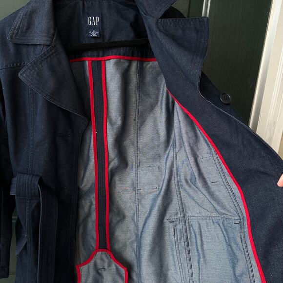 GAP Dark Wash Denim Trench Coat Small | Classic Y2K Heritage Preppy Belted - Picture 6 of 8